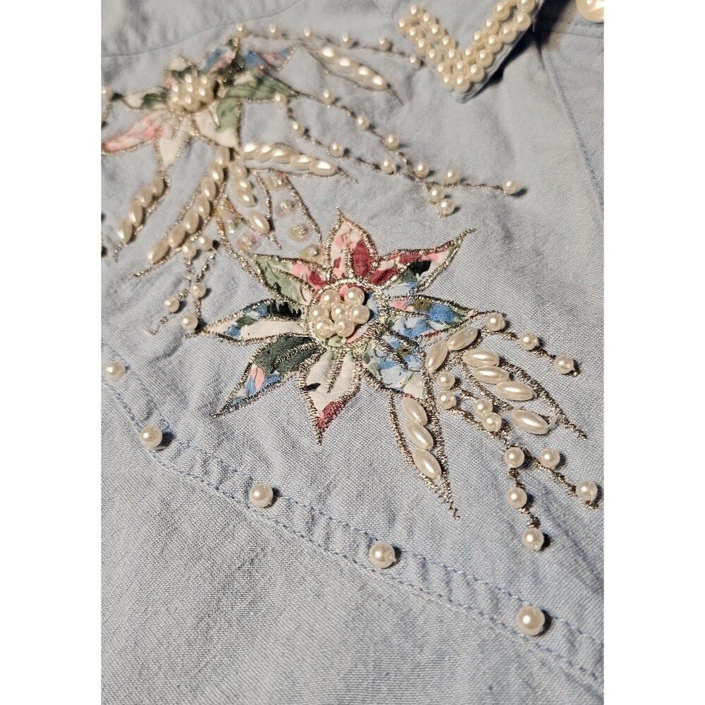 Jane Ashley Chambray Shirt L Floral Beaded Embroidered Y2K 90s Western Sleeveles - Picture 5 of 9